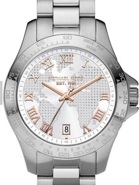 Michael Kors Layton Silver world map  Silver Steel  Watch For Women